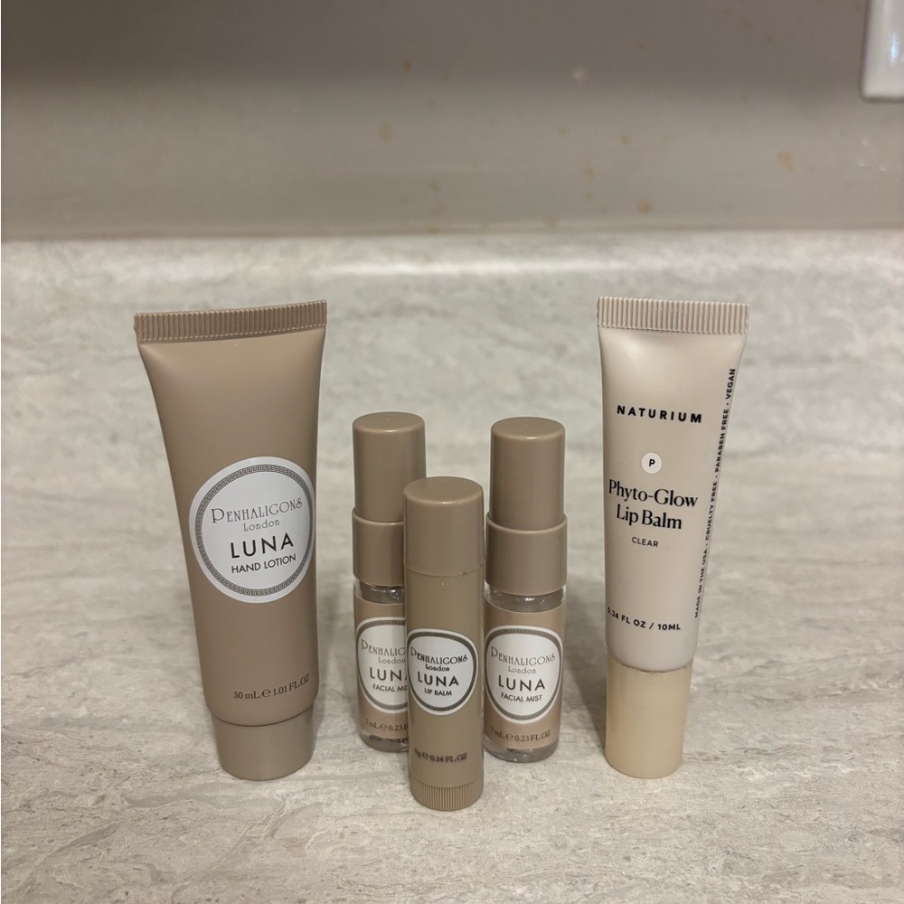 Penhaligons Luna Mist, Lip Balm and Lotion Set and Natrium Lip Balm.